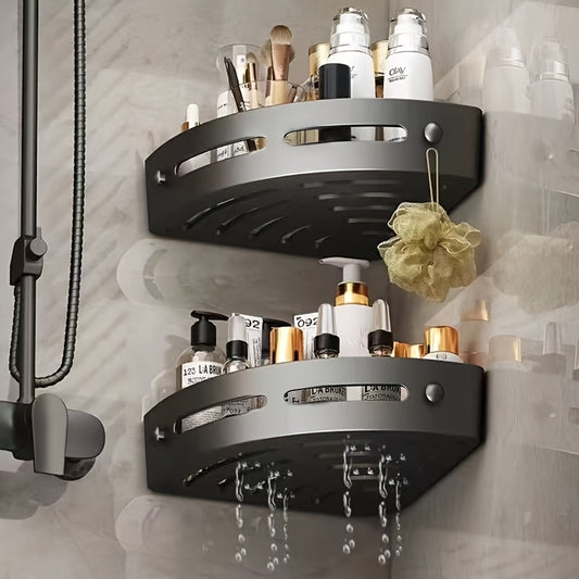 2 modern corner shelves made of durable ABS plastic for bathroom organization, no-drill installation with adhesive patches.