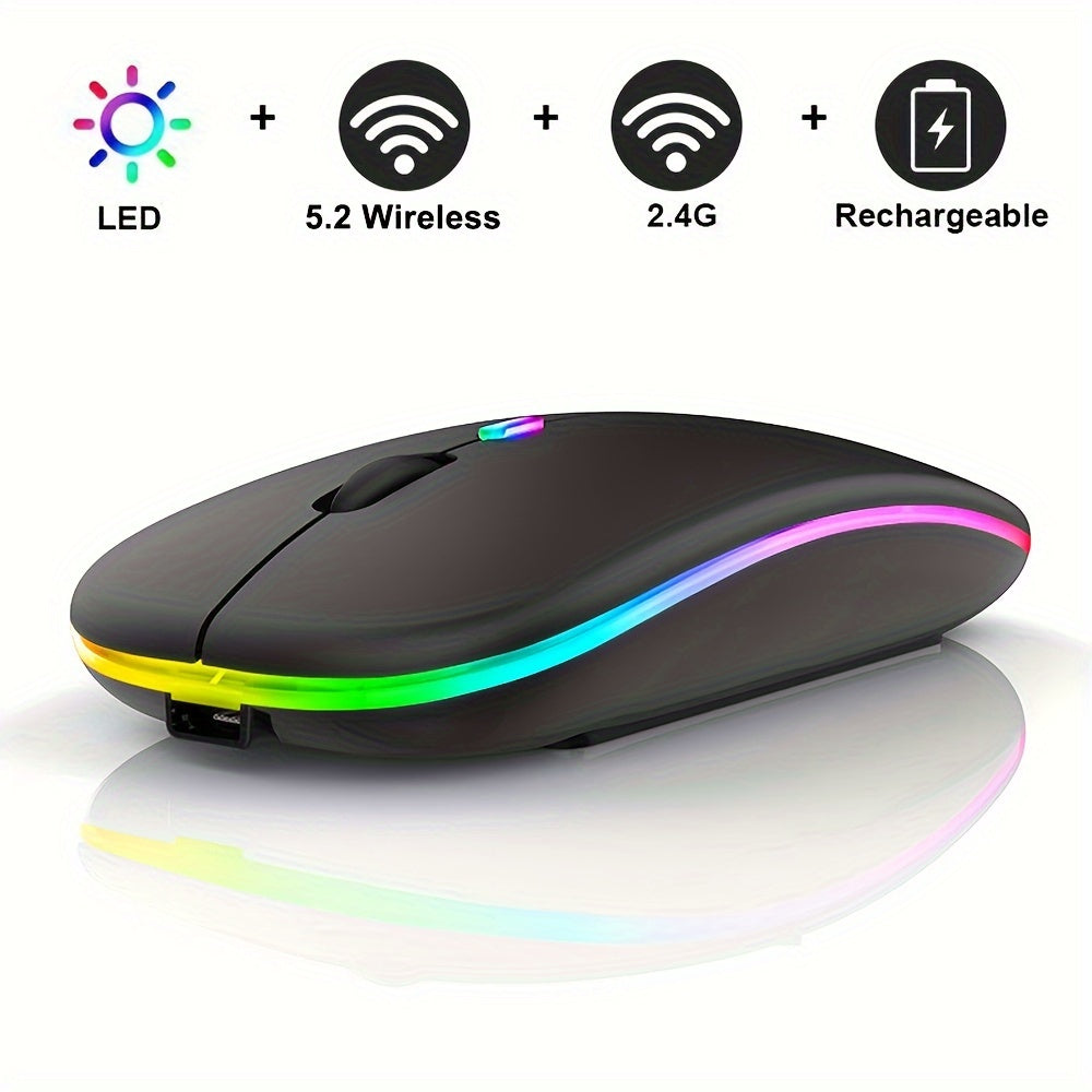 Rechargeable wireless LED mouse for laptops and desktops. Dual-mode wireless or USB connection, silent and portable design. Ambidextrous optical mouse. Compatible with Windows 10.