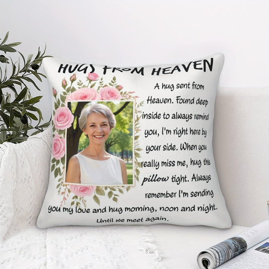 Give a Hug from Heaven with Our Customized Personalized Pillow - Featuring Pink Roses, Your Favorite Photo, and Personalized Cover - A Touching Gift to Remember