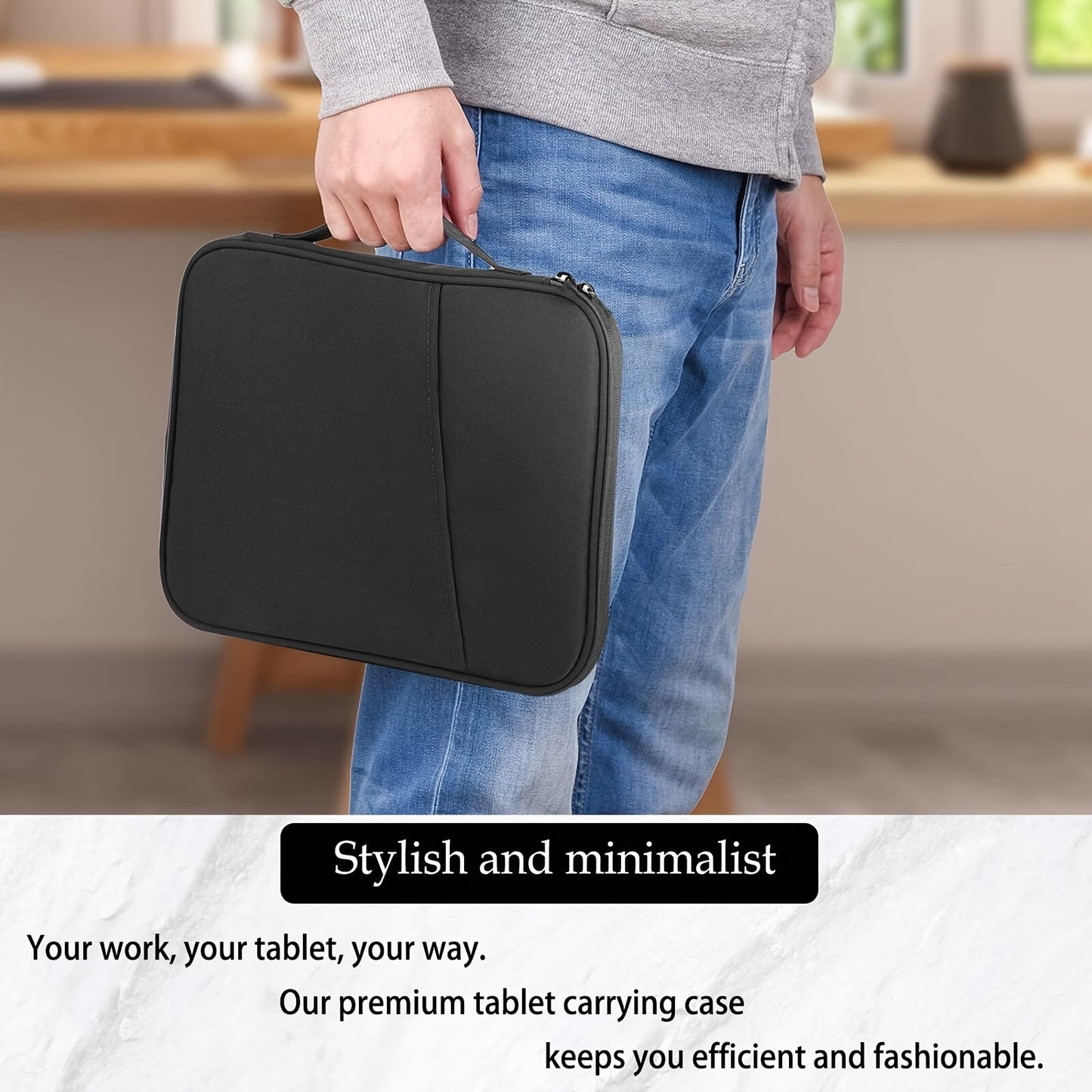 Waterproof tablet sleeve case with handle and front pocket made of durable polyester. Compatible with various tablets such as iPad, Kindle, Samsung Galaxy, and Android tablets. Available in