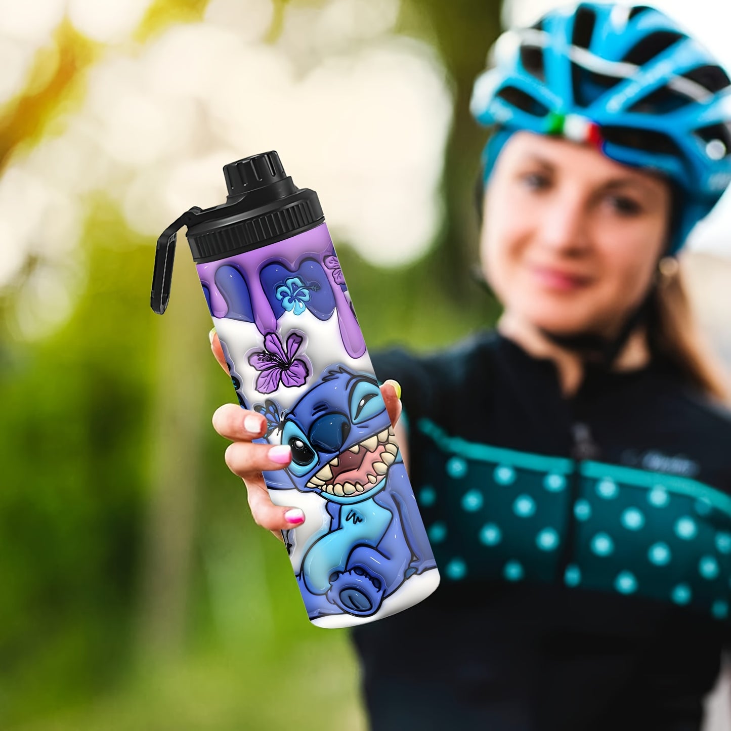 Stitch and butterfly print stainless steel water bottle, insulated for hot and cold drinks, leakproof lid, hand wash only, BPA-free, perfect for outdoor travel and gifting.