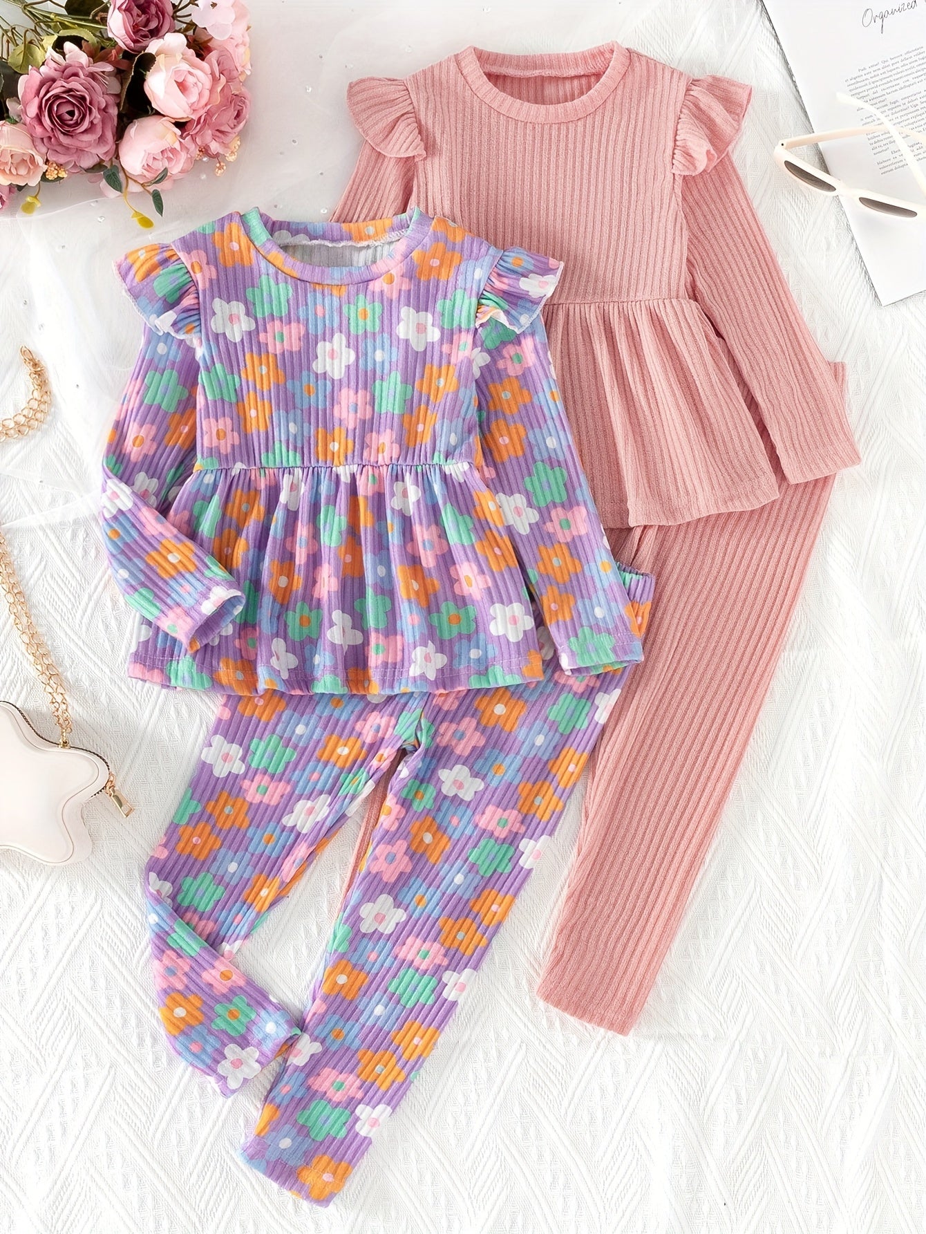 (Floral + Solid) 2 Sets Girls Long Sleeve Peplum Tee + Casual Pants Co-ords Set - Cute Spring/Fall Outdoor Clothes Gift