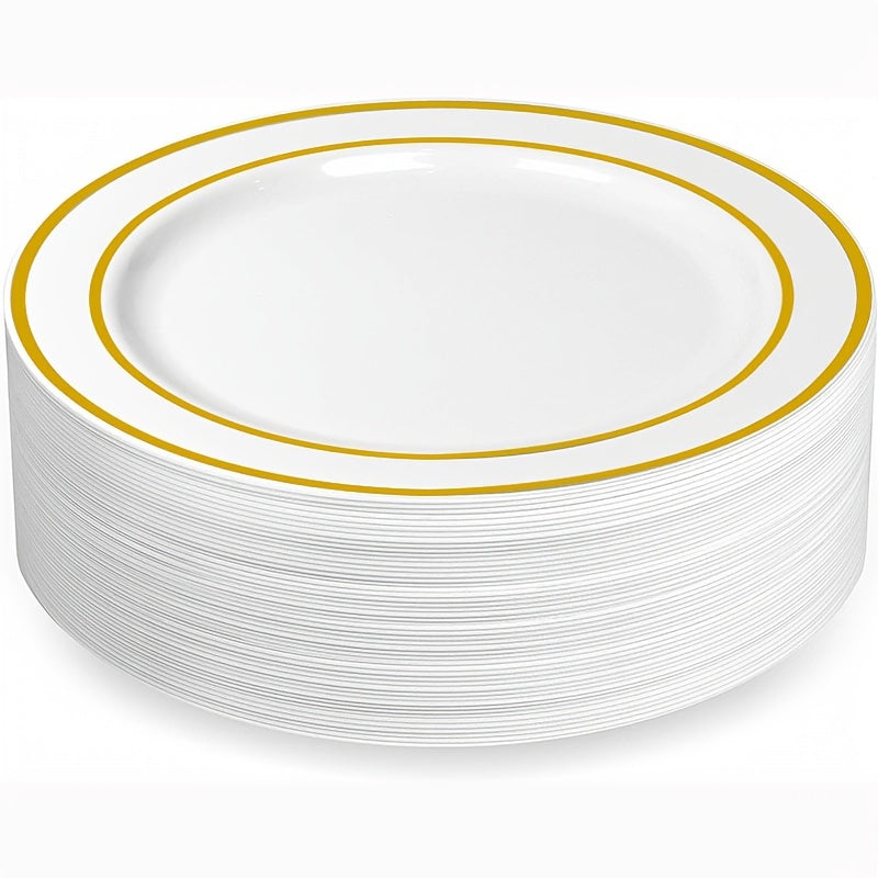 25-50 pieces of golden plastic party plates, measuring 19.05-26.04 cm each. These disposable plates are made of premium heavy-duty plastic, perfect for serving dinner and appetizers at parties and weddings.