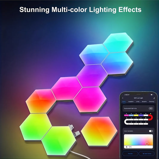 Smart RGB Hexagon LED Wall Lights with Sound Remote Control - Set of 10 Pieces. Modular Panels for DIY Geometry Splicing and Music Sync. Perfect for Room Decor.