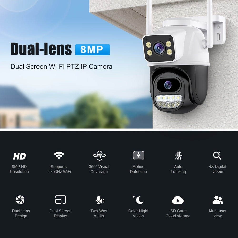 Icsee outdoor 3-lens camera with 4K resolution, dual screens, 8MP, WiFi, 8x zoom, human detection, auto tracking, and security surveillance.