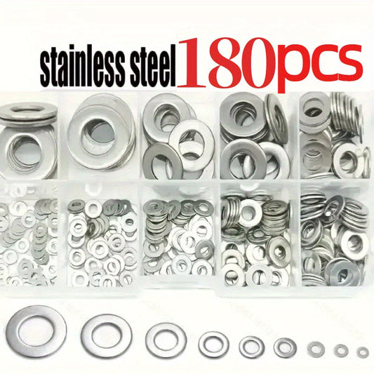 180-piece Stainless Steel Flat Washer Set (M2-M10) for various uses like screws, bolts, mud flaps in home decor, factory repair, kitchens, shops.