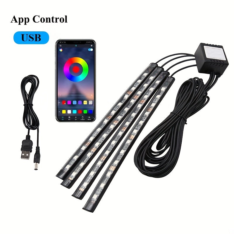 Car LED foot light strip with music voice control, app control, and RGB decorative lighting.