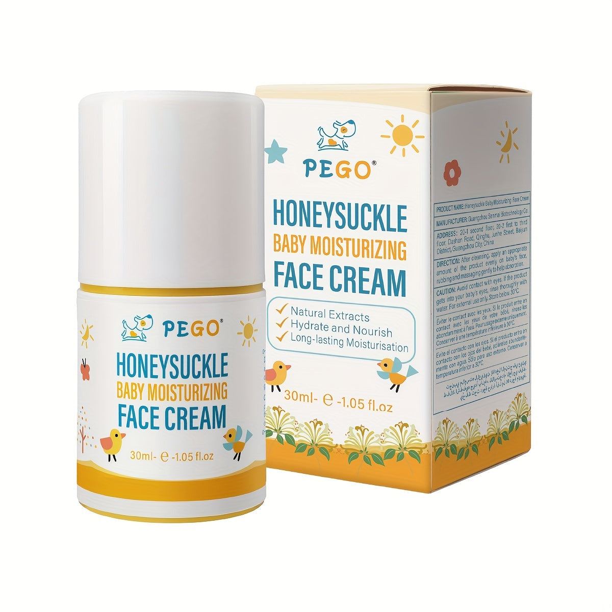 30g of PEGO Honeysuckle Moisturizing Face Lotion with Chamomile & Glycerin, Gentle Skin Care for Adults & Children, Hydrating Formula, Free of Parabens, Suitable for Face & Body.