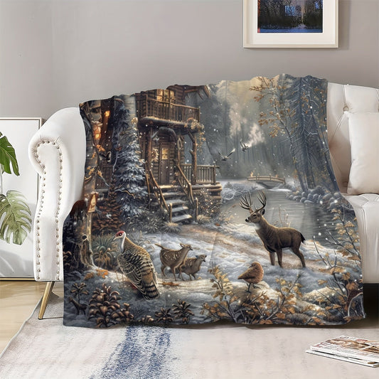 Soft flannel forest elk blanket, ideal for keeping warm and cozy while watching TV, napping, or traveling. Perfect for use on beds, sofas, or for snuggling up in nature.