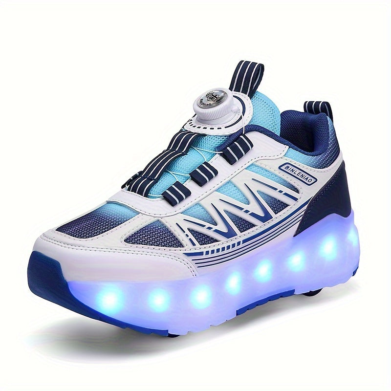 Skate shoes for youth with LED lights, four-wheel detachable design, trendy street fashion, random pattern, suitable for all seasons and sports scenes like roller skating. Features rotary