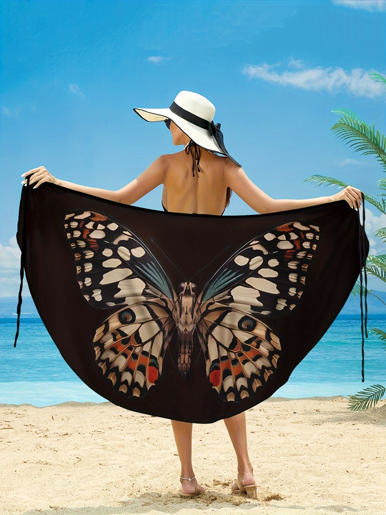 High-waist, non-transparent polyester beach wrap skirt with boho chic butterfly print for women.