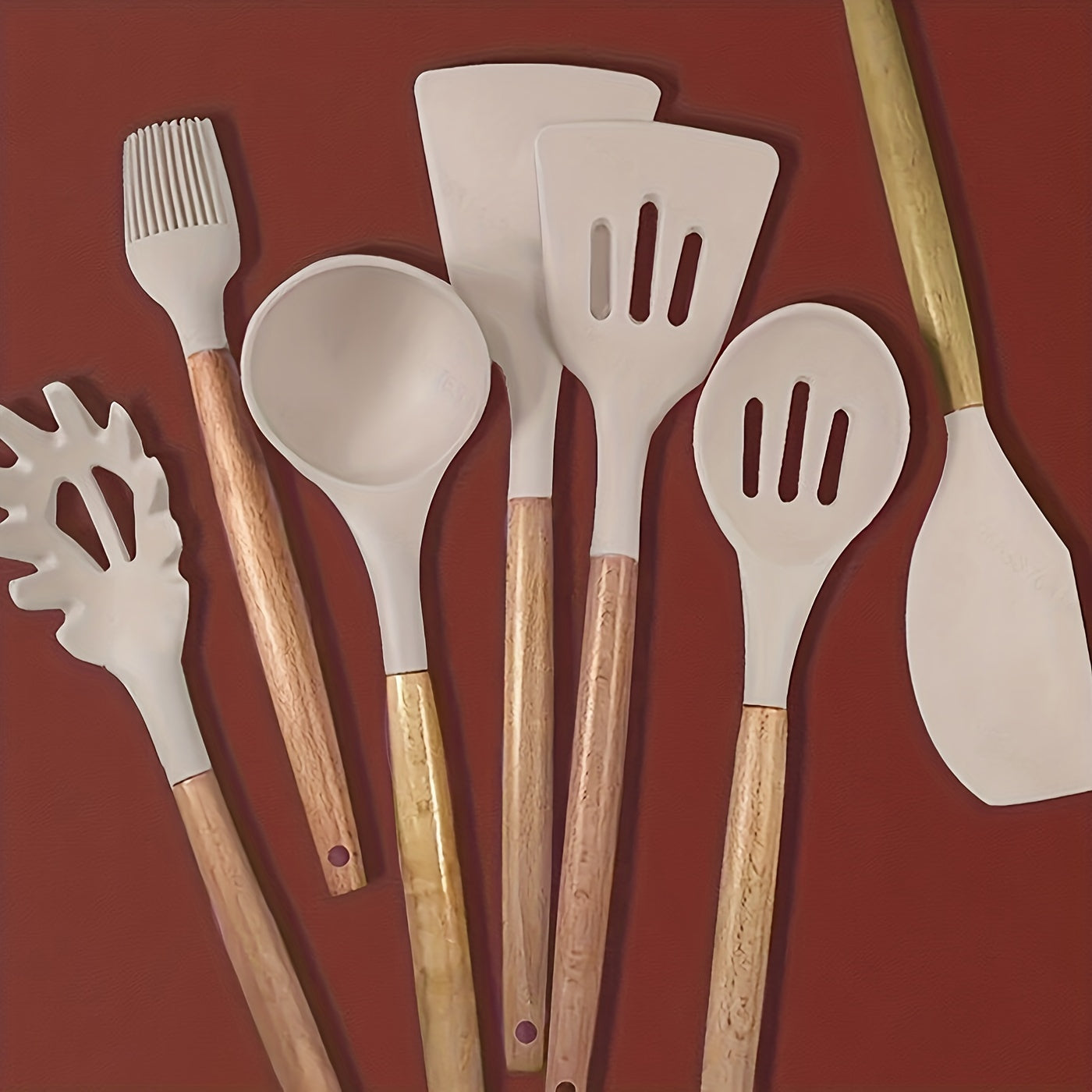 Set of 7 Silicone Cooking Utensils with Wooden Handles, Non-Stick and Heat Resistant, Perfect for Chefs, Complete with Whisk, Spoon, Spatula, and More