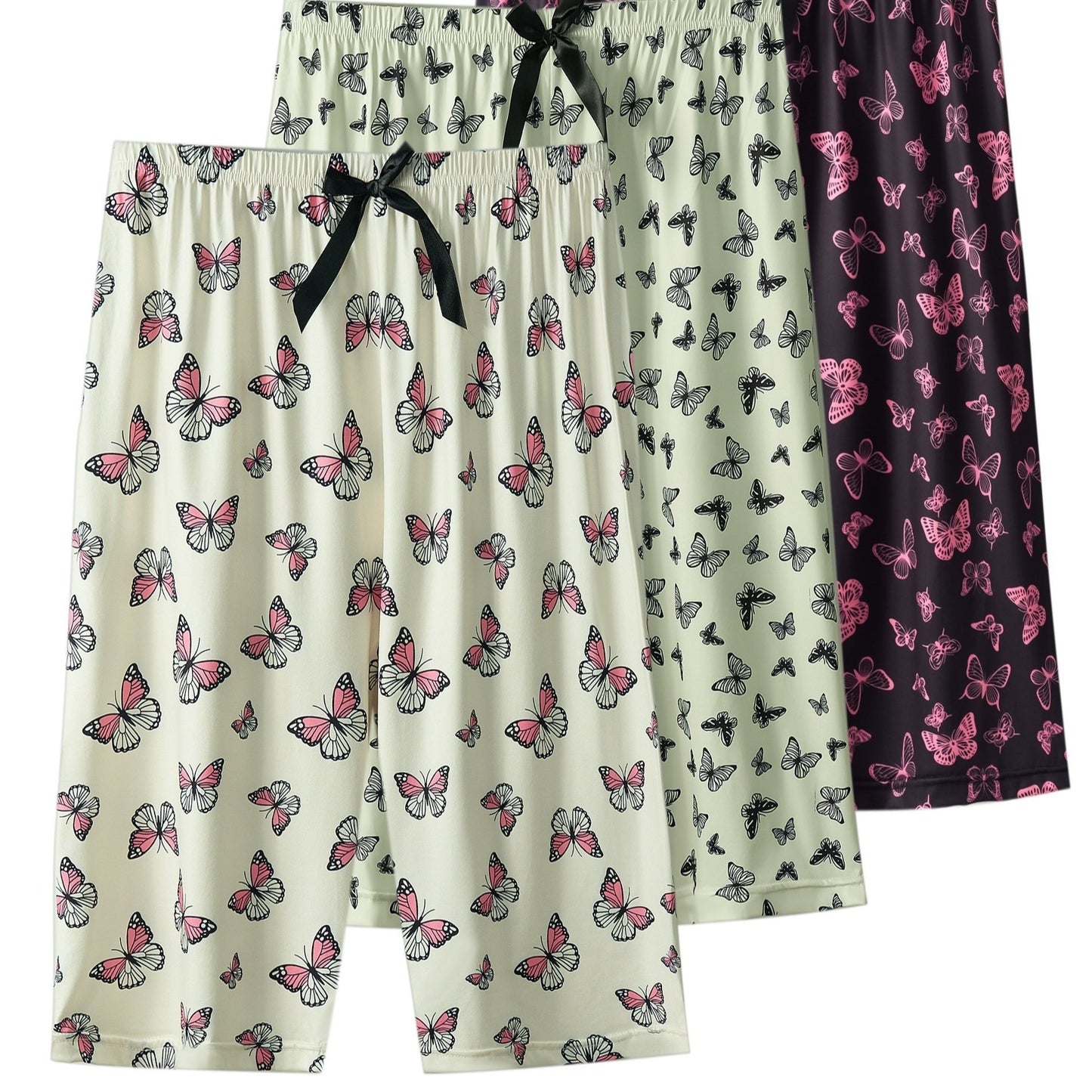 3pcs Women's Plus Size Boho Butterfly Print Capri Pants for Casual Sleepwear with Bow Decor Elastic Waistband