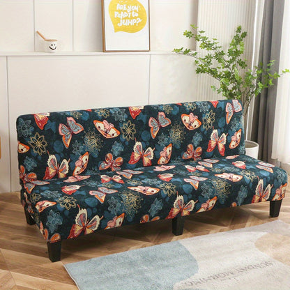 Printed armless futon slipcover to protect furniture in a bedroom, office, or living room.