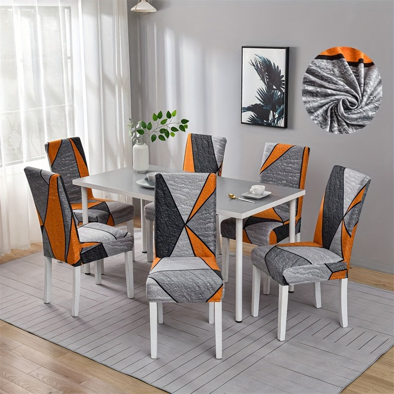 Contemporary geometric chair slipcovers in black and white. Stretchable, dustproof, lightweight fabric. Ideal for home, hotel, or restaurant decor. Easy care, machine washable. Set of 4 or 6.