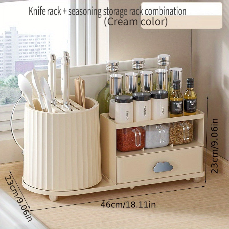 One Multi-functional Combination Knife Rack for Household Storage, featuring a Rotating Design for Organizing Knives, Spoons, Forks, and Seasoning in the Kitchen.