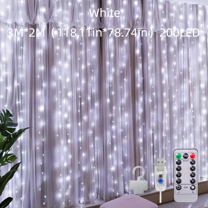 USB powered LED curtain string lights with remote control, 8 lighting modes, and infrared sensor function. Perfect for bedroom wall decoration, ideal for Christmas, parties, and Valentine's Day.