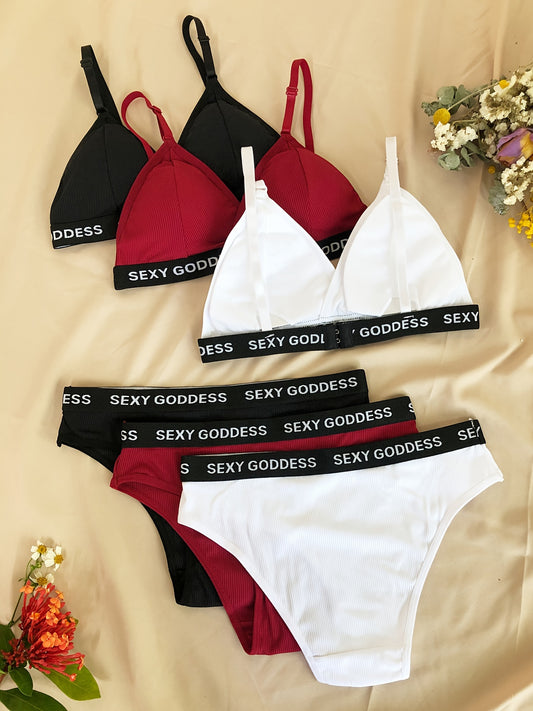 3 sets of bra and panties with letter print, wireless bra and elastic panties lingerie set for women.