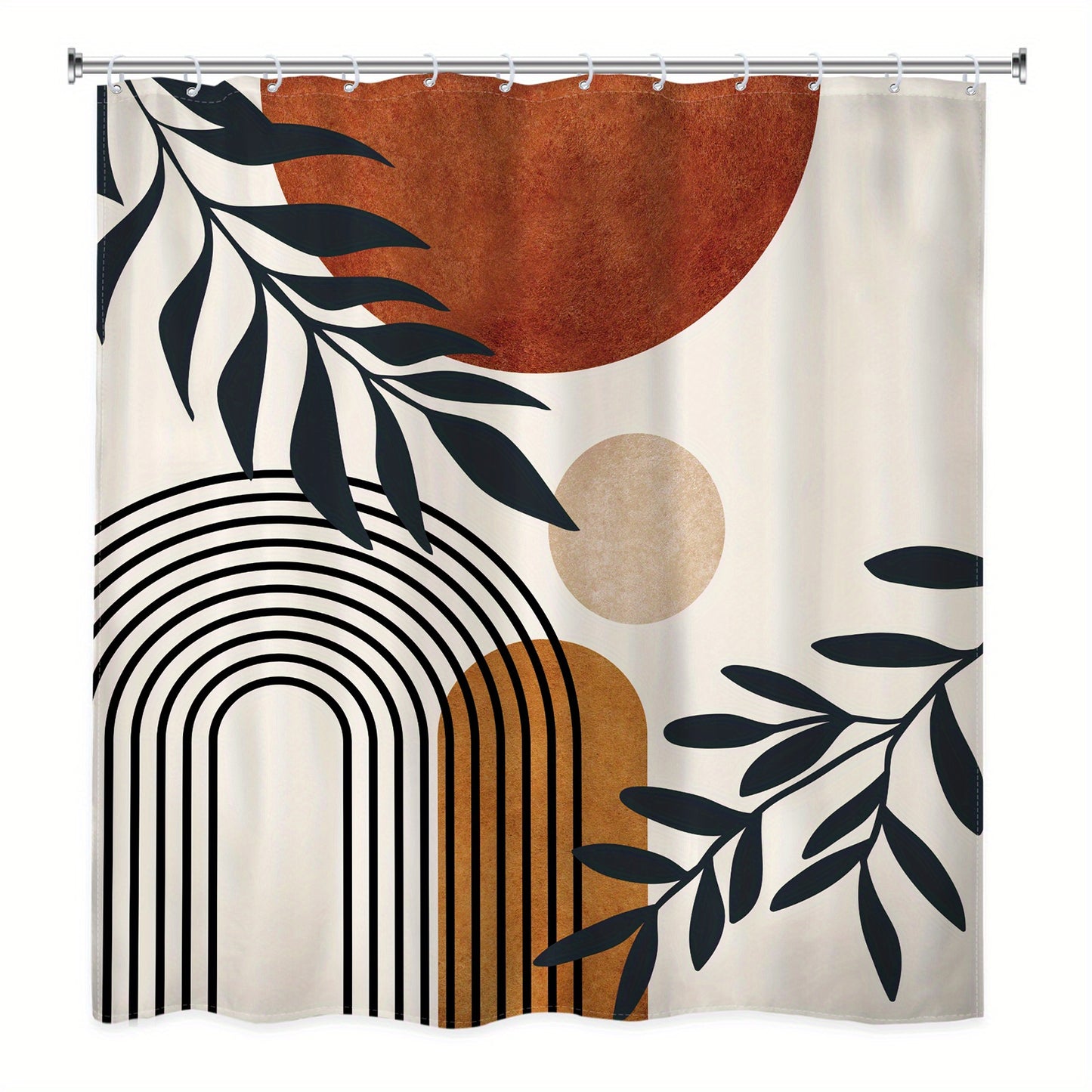 Bohemian abstract medieval shower curtain set includes 1 waterproof curtain, 12 hooks, non-slip bath mat, U-shaped toilet mat, lid mat, and bathroom accessories. Features brown geometric leaves and arched sun plant decoration in a neutral modern