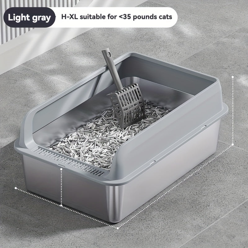 Large stainless steel litter box with splash guard cover for easy cleaning.