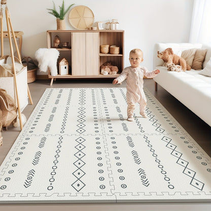 Set of 6 Bohemian Style Foam Play Mats: Each mat measures 60cm x 60cm and is 1.2cm thick. The mats easily interlock and are simple to clean, making them ideal for both indoor and outdoor play.