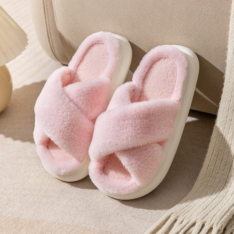 Women's fuzzy slippers with solid color, slip-on style, EVA sole, fabric upper/inner/insole, hand washable, suitable for all-season indoor/outdoor use in autumn and spring.