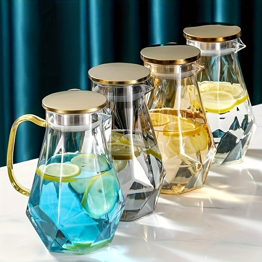 1pc, 1500ml Geometric Glass Pitcher with Lid, Heat Resistant for Hot and Cold Beverages.