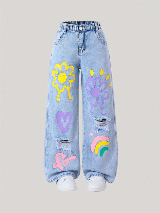 Y2K-inspired straight-leg jeans for girls with elastic waist. Features heart and flower designs, rainbow accents. Comfy, non-stretch denim. Perfect for school, skateboarding, and