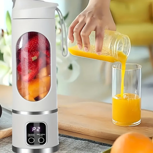 A versatile USB charging juicer blender with a digital display. Features include a 15.2 ounce capacity, 12 blades for powerful blending, 3 gears for customizing textures, ice crushing capability, low noise operation, easy cleaning, long battery life