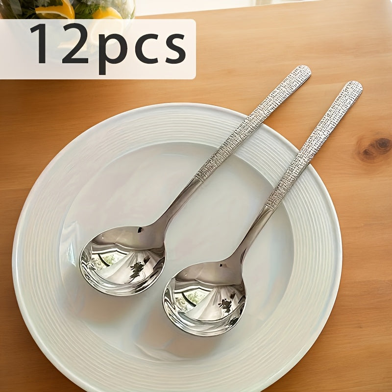 Upgrade your dining experience with our elegant New Light Luxury Hammer Pattern Stainless Steel Spoons. Available in sets of 4pcs, 8pcs, 12pcs, and 15pcs, these spoons are perfect for use in restaurants, for main course meals, for everyday use at home