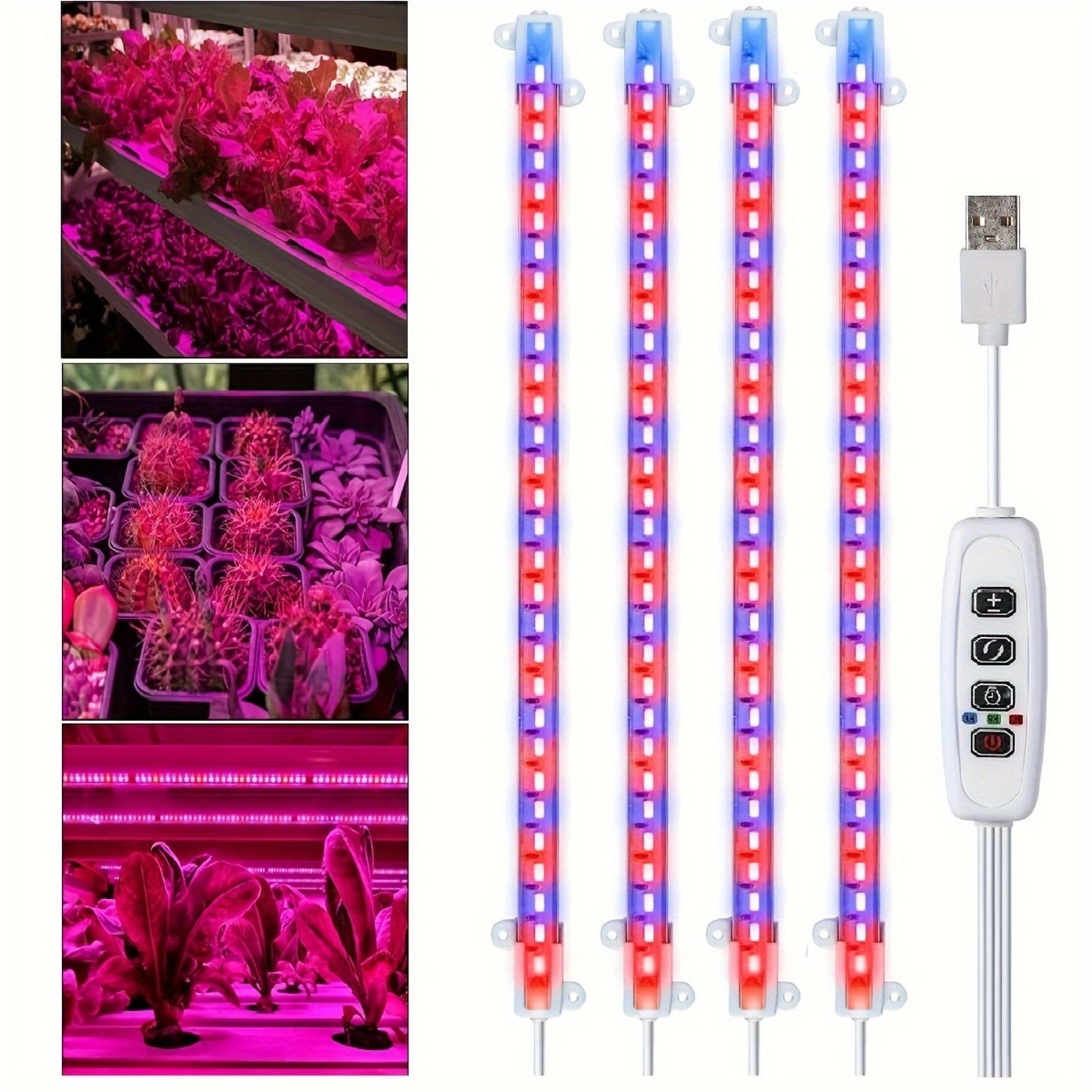 HOTU 124 plant grow lights are adjustable and USB powered, with automatic timer (3/9/12H) and dimmable settings for greenhouses and seedlings. Adapter not included.