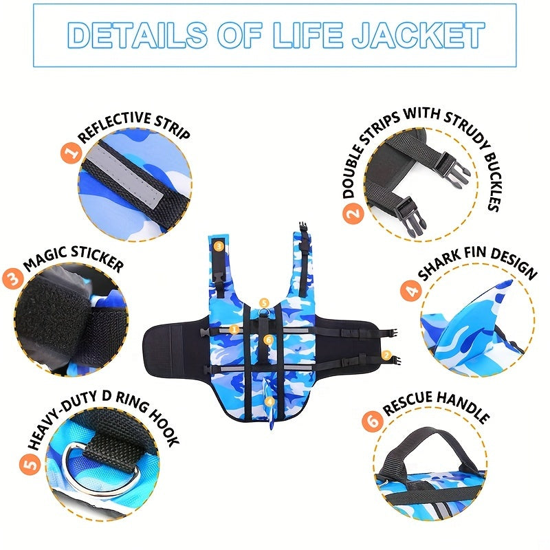 Adjustable lightweight dog life vest with rescue handle, featuring shark design for outdoor surfing and beach activities.