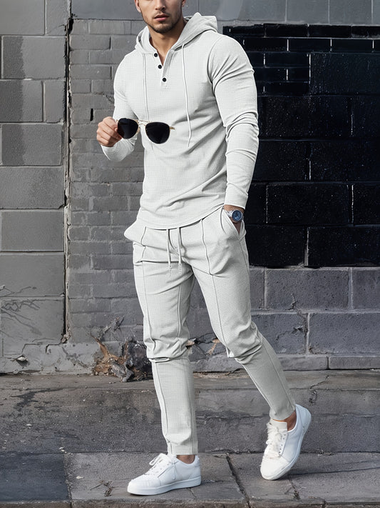 Men's casual sportswear set - includes hooded long sleeve top and joggers with drawstring, made of polyester blend, ideal for spring/fall outdoor activities.