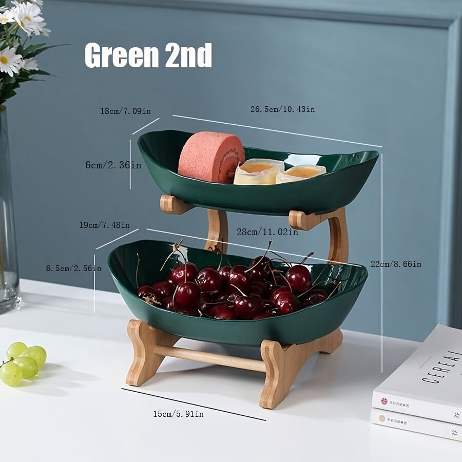 Two-tier/three-tier kitchen fruit basket with European-style design, made of bamboo wood for storing snacks and candies.