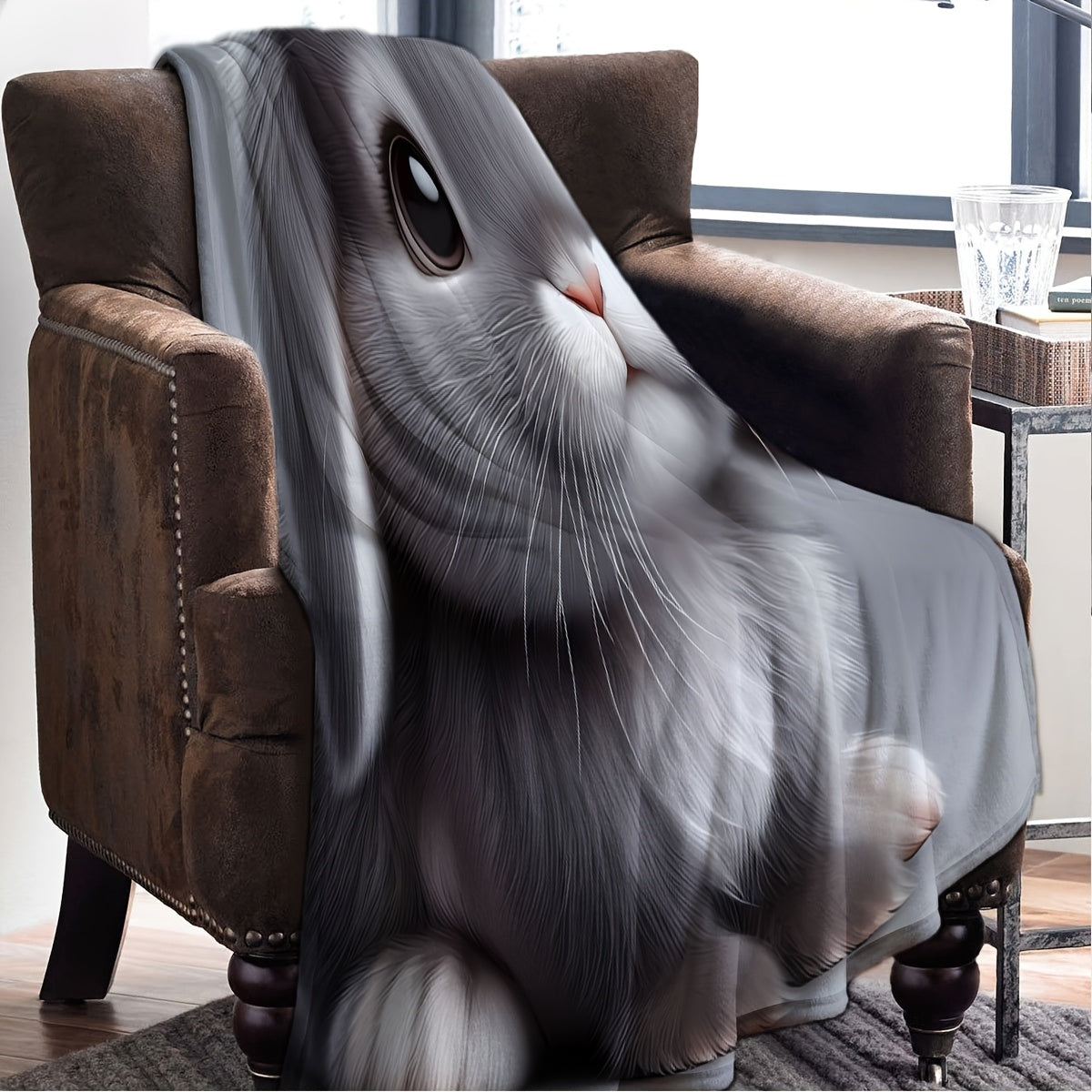 Soft, cuddly Gray Rabbit 3D Cartoon Plush Blanket - Suitable for year-round use, ideal for couch, trips, bedroom, car, work - Made from cozy polyester material