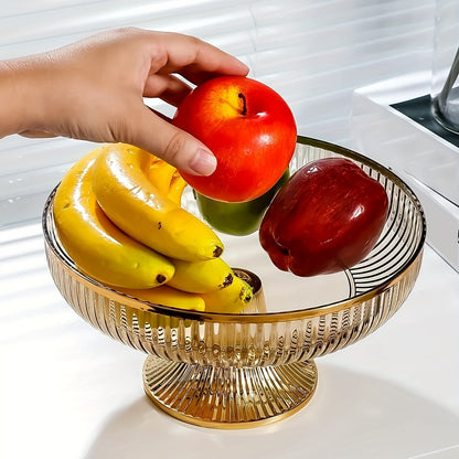 Beautiful acrylic fruit bowl with golden rim and luxurious texture. Perfect for snacks, candy, and fruits. Ideal for home decor, weddings, parties, and table centerpiece.