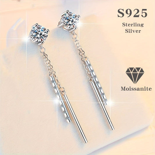 Women's tassel earrings with long ear wire, featuring 1ct*2pcs moissanite stones, made of 925 sterling silver. These stylish Japanese and Korean inspired earrings are perfect for Valentine's Day or Mother's Day gifting.