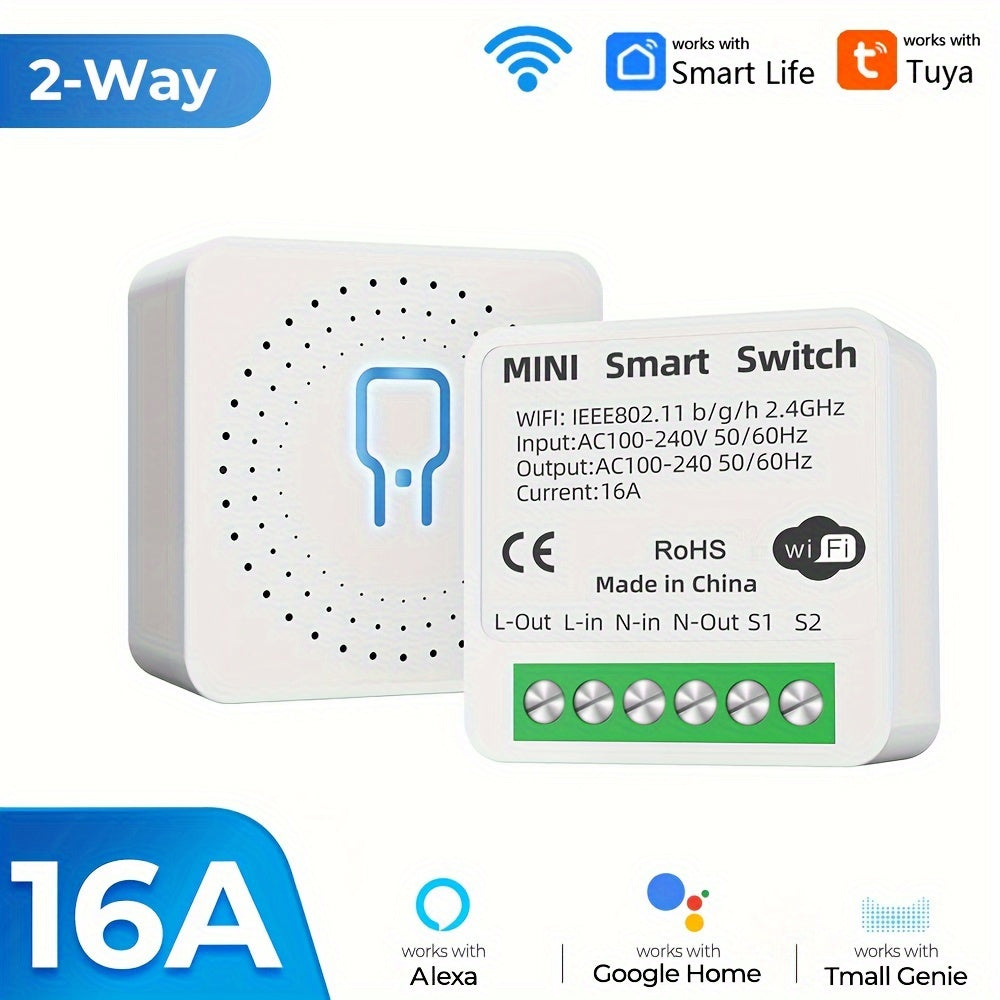 2-Way Mini WiFi Smart Power Switch, 16A, ZigBee, Tuya Smart Life App, Voice Control with Alexa & Google Home, Non-Waterproof, App-Controlled, Flush Mount for Electronics and Audio Systems -