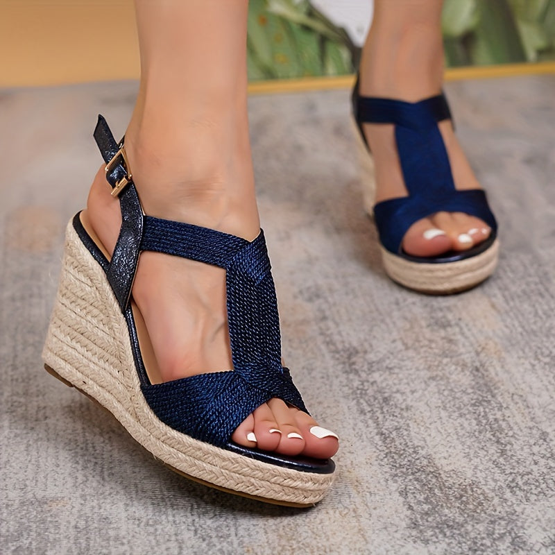 Chic women's champagne metallic wedge sandals with ankle strap, open toe, and espadrille platform heels for summer vacations and daily wear.