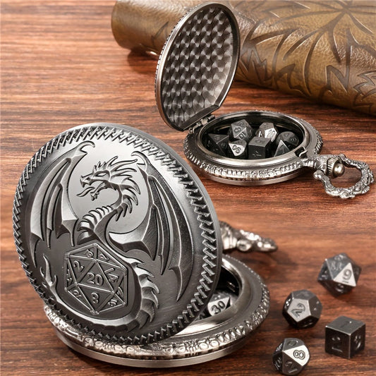 Vintage Dragon Alloy Pocket Watch with Chain and 7-Piece Dice Set - Perfect for Role-Playing Games