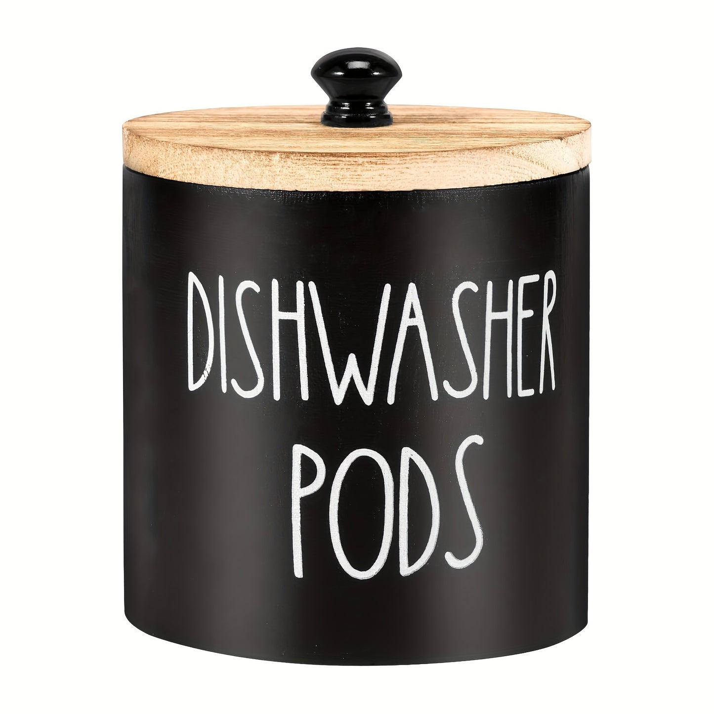 Wooden laundry pods container with lid for kitchen decor and organizing.