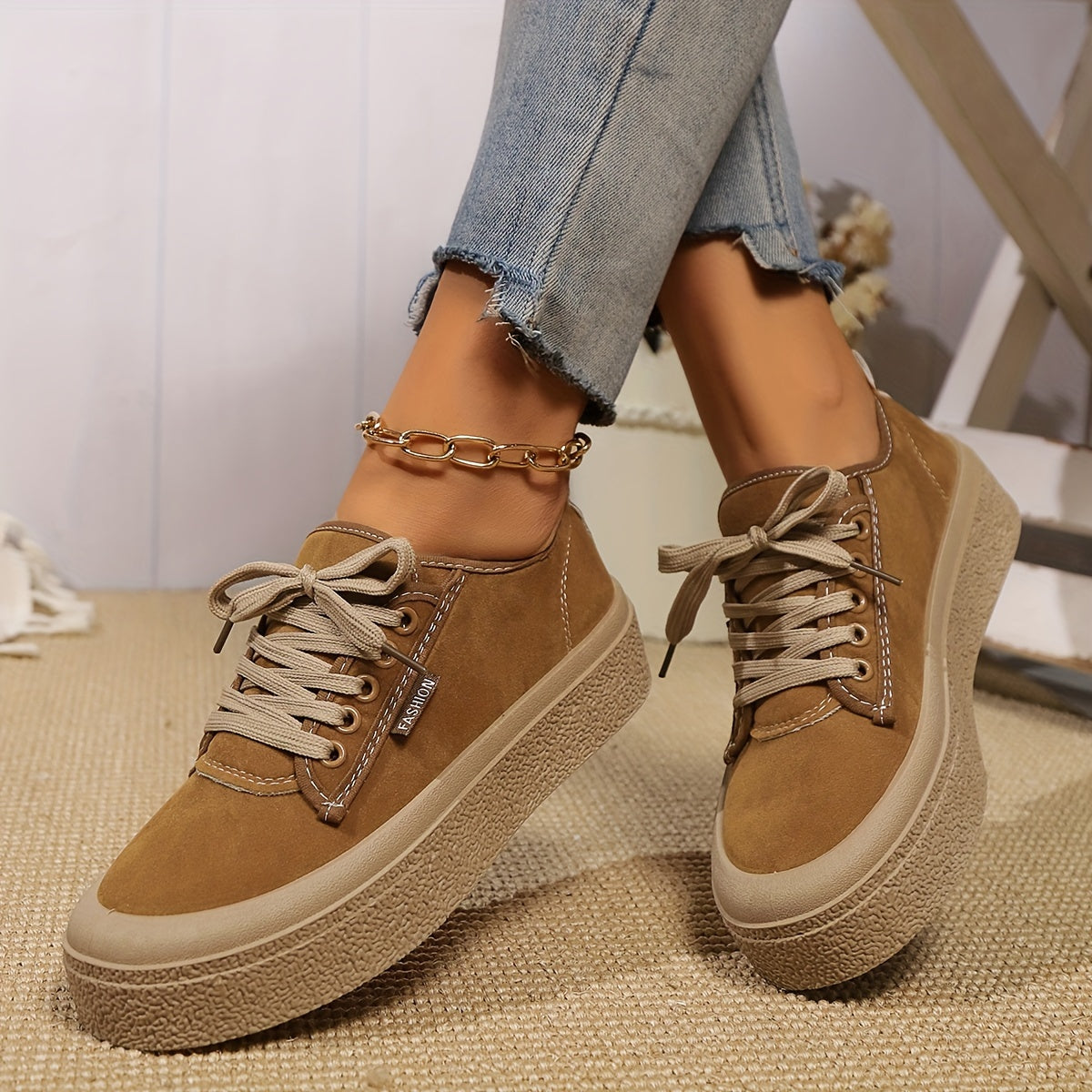 Chunky platform sneakers for women with summer canvas fabric, lace-up design, solid color, rubber sole, and non-washable.