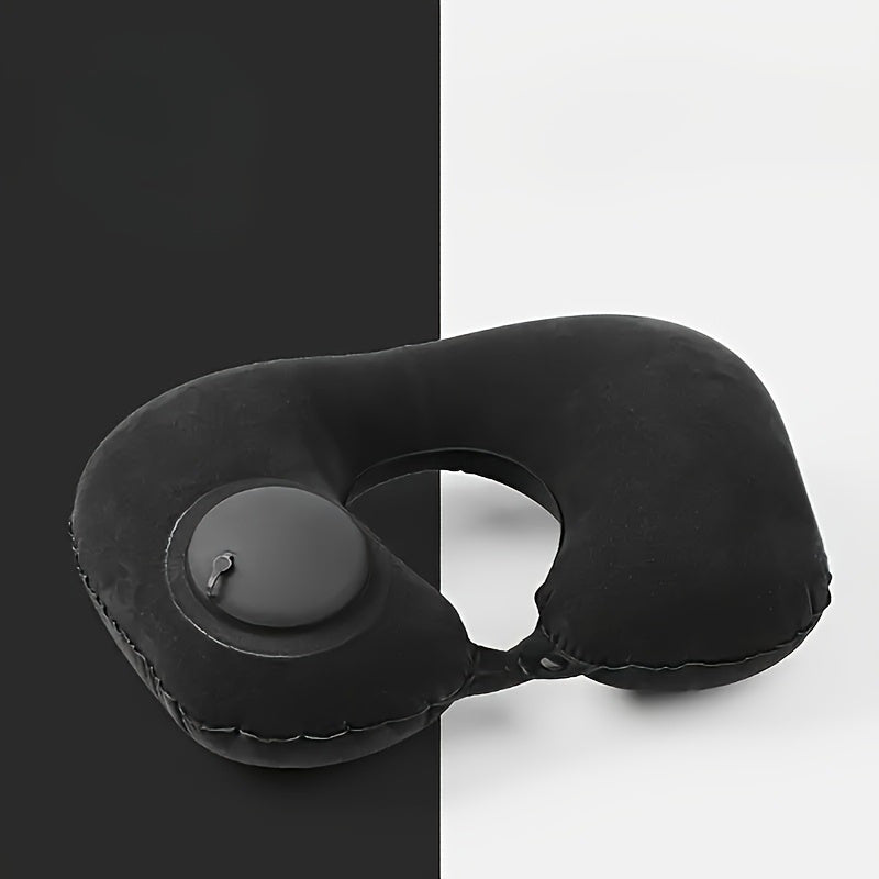 Modern style portable inflatable U-shaped neck pillow that provides automatic cervical support. It is lightweight with a velvet cover and adjustable closure, perfect for use at home, in the office, or in the car. This pillow must be hand washed for