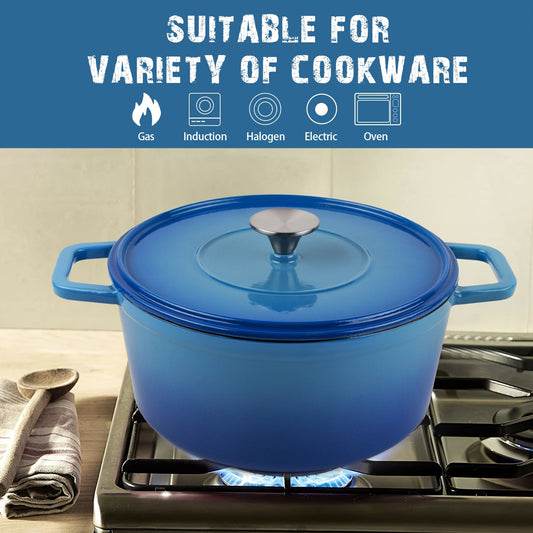 One-piece cookware set includes a 3-quart round pot with flat lid in gradient lake blue color. Made of non-coated cast iron enamel, this durable pot is perfect for all your cooking needs in the kitchen.