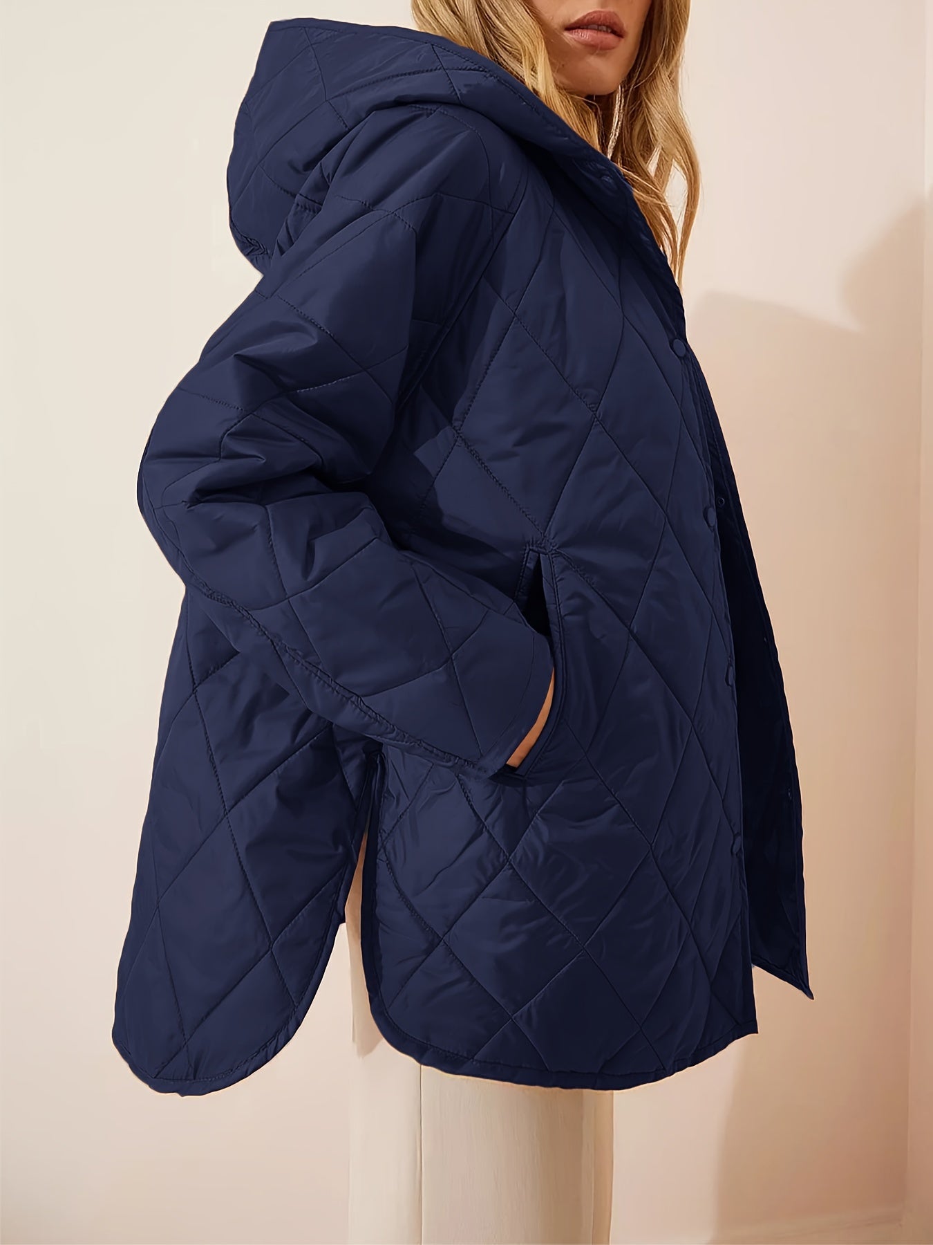 Quilted plain hooded jacket coat for women, perfect for fall & winter. Casual, long sleeve and warm outerwear.