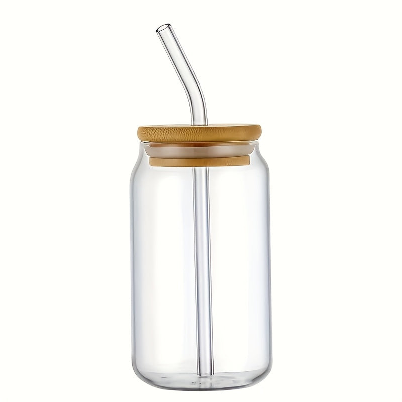 Glass cup designed for iced coffee, beer, and tea. Comes with lid, straw, and straw brush. Made of high borosilicate glass in various sizes. Also suitable for juice, cola, and milk. Includes wooden lid for school supplies.