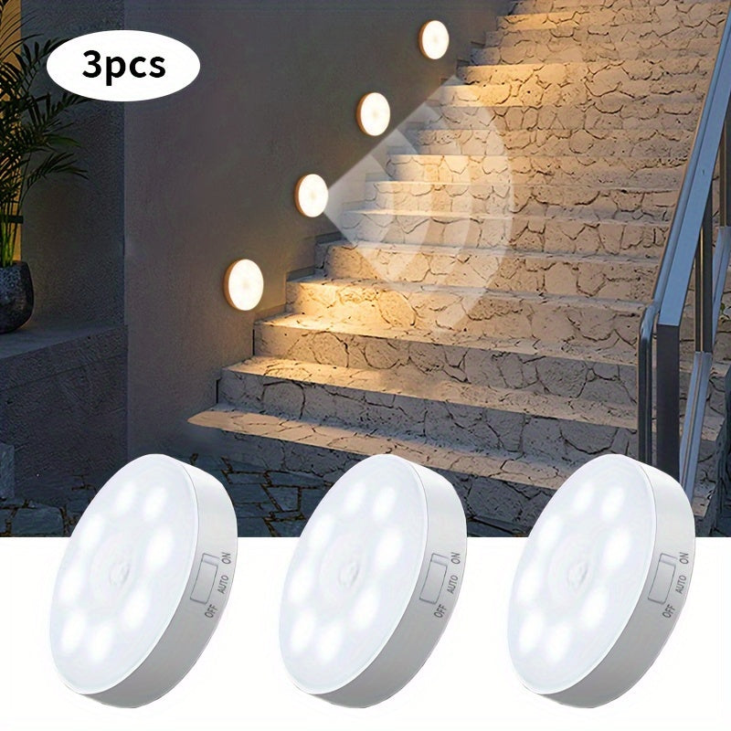 AMill 3-Pack Motion Sensor Step Lights feature rechargeable 250mAh lithium batteries and a polished plastic finish with PVC lamp shade. They are wireless, detachable indoor/outdoor night lights with infrared sensor and USB cable.