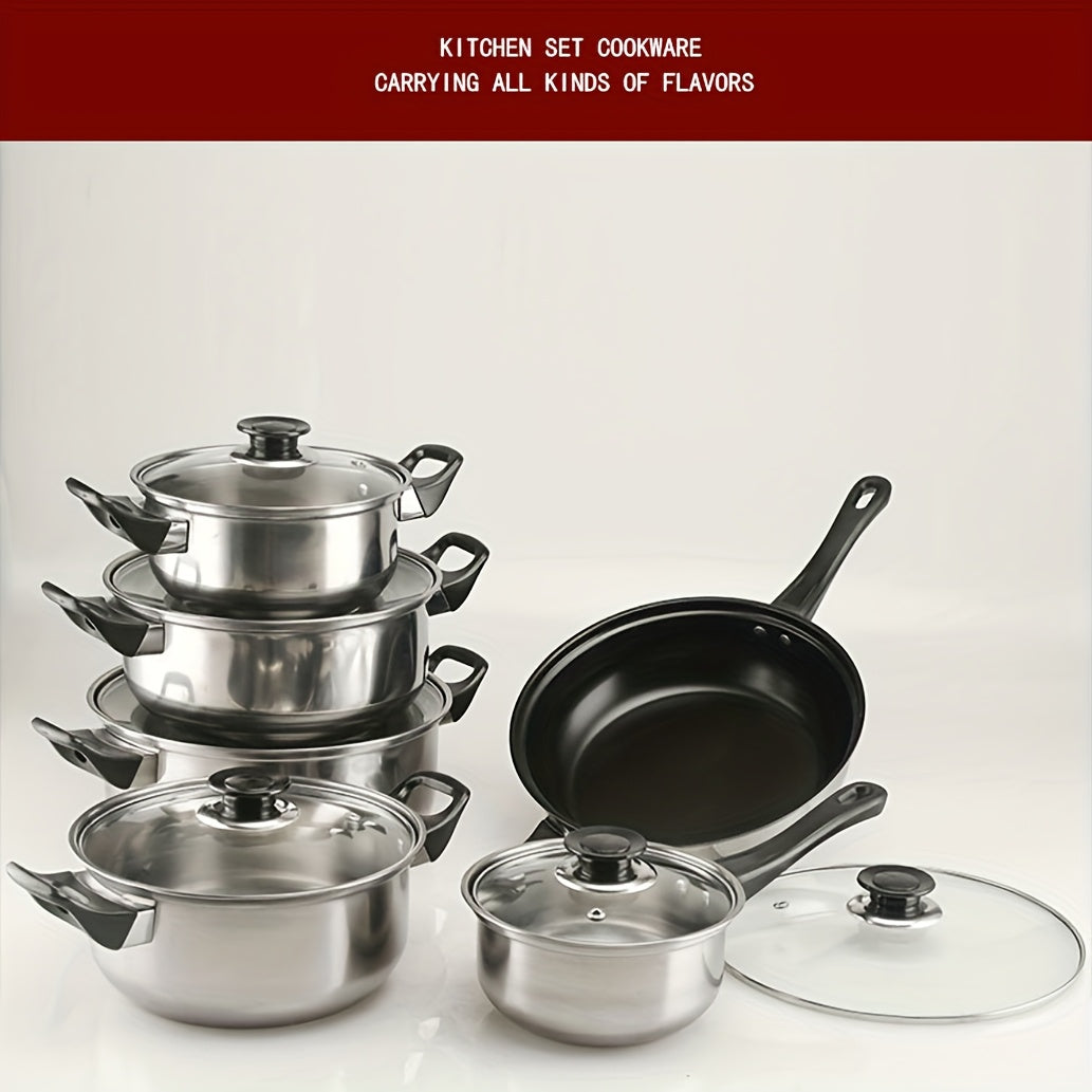 12-piece non-stick stainless steel cookware set includes 6 pots with lids. Set comes with a non-stick frying pan, stew pot, wok, and soup pot. PFOA-free kitchen frying pan is induction cooker and gas stove compatible. Perfect for holiday parties and