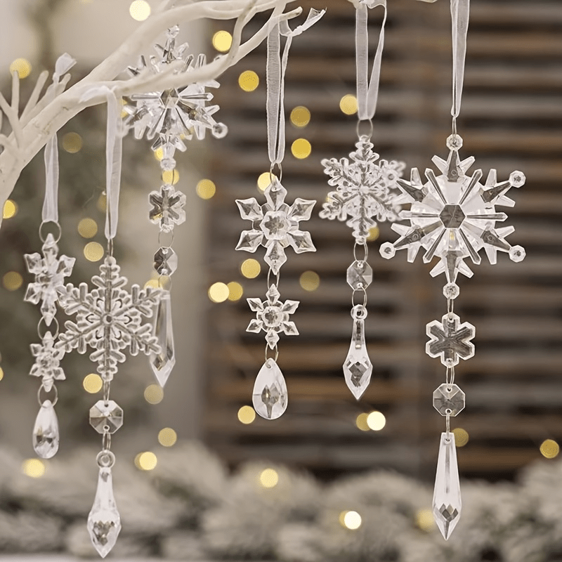 Set of 20 modern acrylic snowflake and icicle ornaments for Christmas tree decoration, perfect for holiday and winter festivities. Festive hanging charms without feathers.