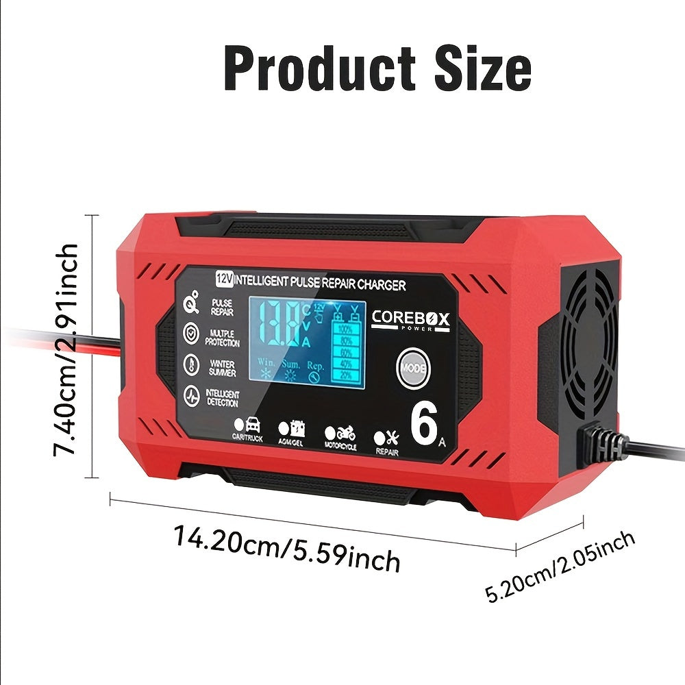 COREBOX 12V 6A Smart Battery Charger with LCD Display - Versatile lead-acid trickle charger for a variety of vehicles with overcharge, short circuit, and polarity protection. Portable and